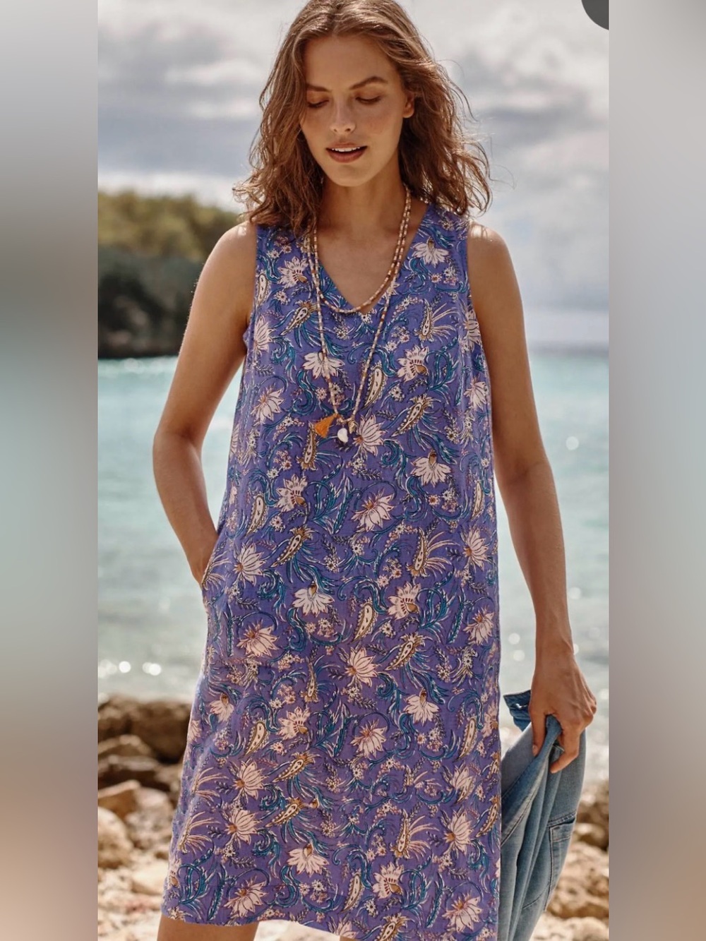 J. Jill 100% Linen - Love Linen Purple Floral V-Neck Sleeveless Slip Dress